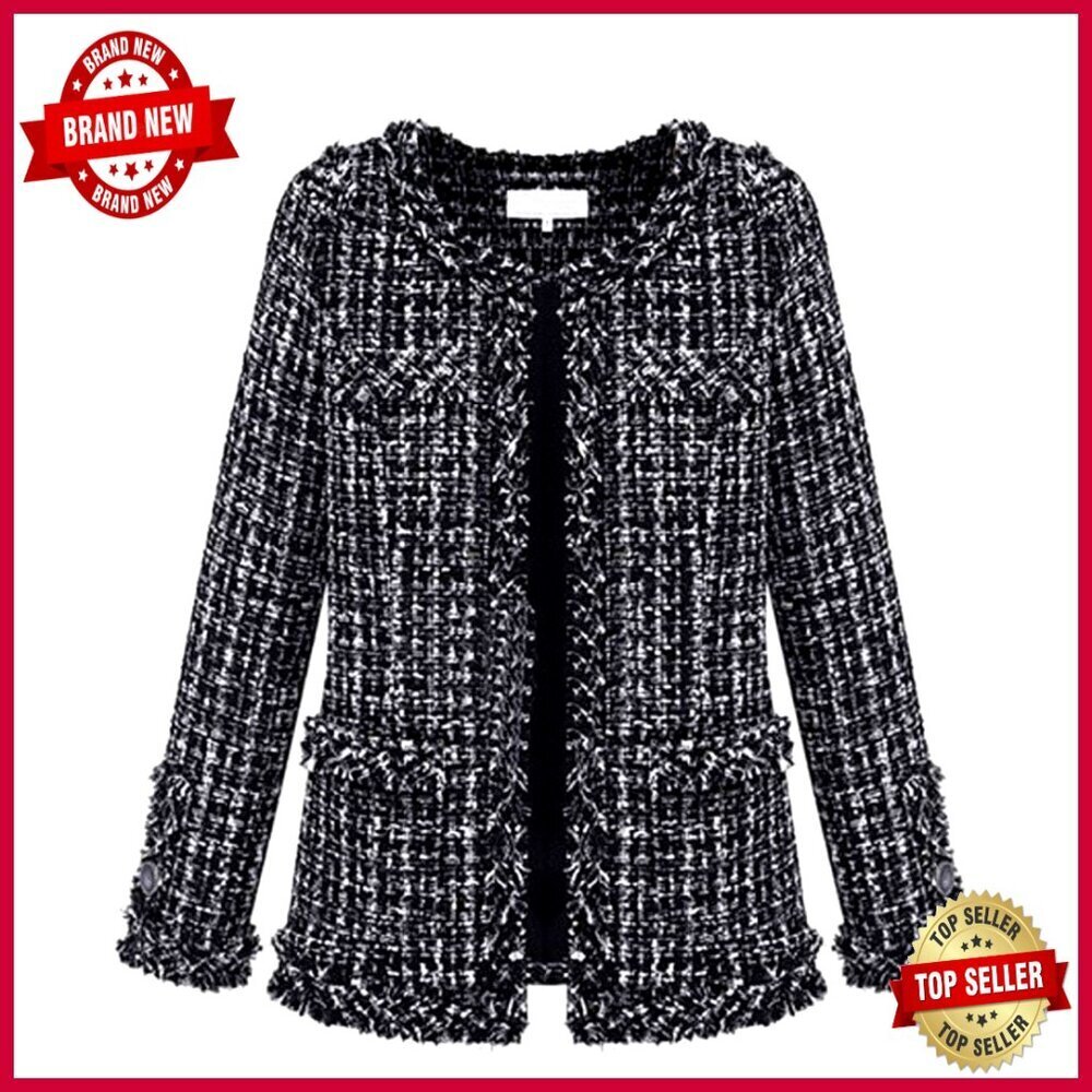 Women's Tweed Blazer Collarless Open Front Business Casual Jacket
